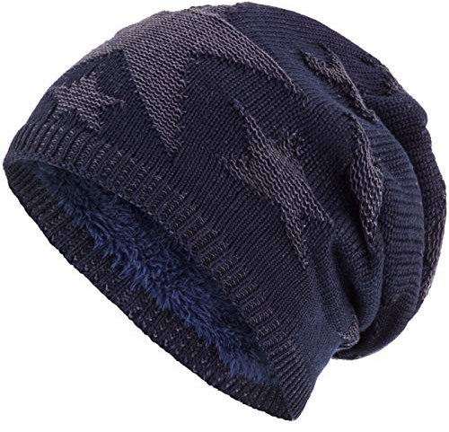 Compagno Sternen Wintermütze warm gefütterte Beanie Flechtmuster Einheitsgröße Mütze, Farbe:Marineblau