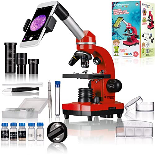 Bresser Junior Schülermikroskop BIOLUX SEL mit Smartphonehalter, reichhaltigem Zubehör und Barlow-Zoom-System für Kinder, Einsteiger und Erwachsene, rot