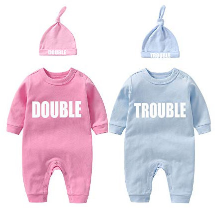 culbutomind baby Zwillinge Baby Bodys Doppel Ärger süßes Outfit mit Hut Baby Pyjamas Zwillinge Geschenk(Pulverblau 6M)