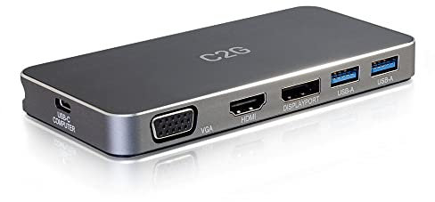 C2G Estación de Acoplamiento USB-C con HDMI, DisplayPort, VGA, USB-A 3.0 y USB-C Hub. Vídeo, Audio Múltiples Pantallas Cromado