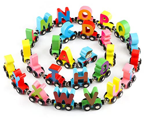 Wondertoys 27-teiliges Holzeisenbahn-Set, magnetisch, Zug, Autos, Alphabet-Set mit 1 Motorspielzeug, Zug-Sets für Kinder