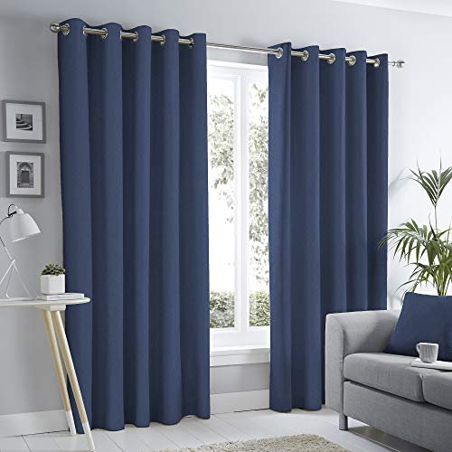 Fusion - Navy Blue Curtains W66 x L90 (168 x 229cm) - Dark Blue Eyelet Curtains - 100% Cotton Curtains for Bedroom/Living Room - Door Curtain - Thermal Drapes/Window Treatment - Sorbonne Collection