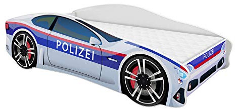 ACMA Kinderbett Auto-Bett Polizei mit Rausfallschutz, Lattenrost und Matratze (Polizei 3, 160x80 cm)