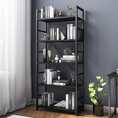 VERMESS Industrial Bookshelf, 5-Tier 24inch Black Shelving Unit Wood Bookcase with Open Shelves, Rustic Standing Bookshelves Metal Frame Display Rack for Living Room,Bedroom, 24 * 11.8 * 63 inch