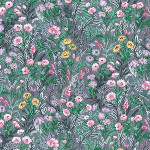 100% Cotton Poplin Fabric Rose & Hubble Wildflowers Field Flower Floral Rose Flowers - Grey (Price Per Metre)