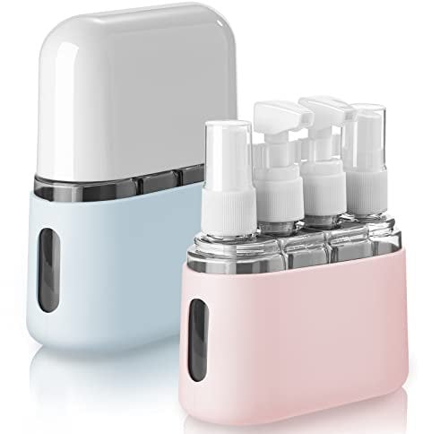 Madenia Reiseflaschen 50ml Set Zum Befüllen 8 Stück Reisebehälter Kosmetik Leckfest Flugzeug Reise Toilettenartikel Set für Shampoo Creme Spülung Körperpflegemit, Etikett und Lagerung, Blau und Rosa