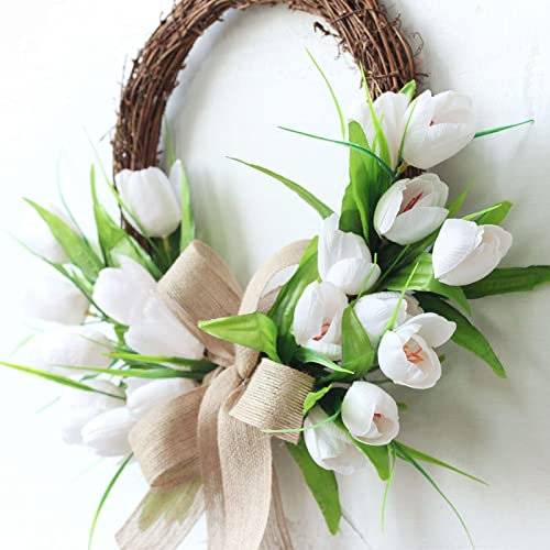 ZYLLZY White Artificial Tulip Wreath,16Inch Chic Style Rattan Tulip Half Circle Wreath,Spring Front Door Tulip Garland with Silk Flower for Home Decoration, 40cm/15.7inch