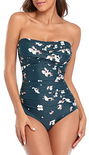 Smismivo Controllo Pancia Costumi Da Bagno Senza Spalline Un Pezzo Costume Da Bagno Increspato Costumi Da Bagno per Le Donne Dimagrante Bandeau Tubo Top Bikini, Floreale verde scuro, M