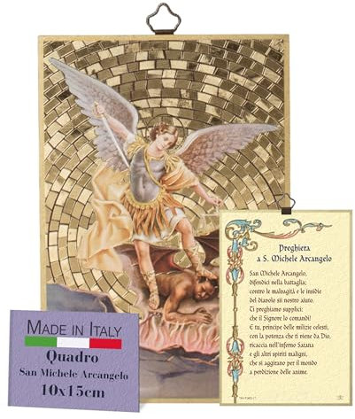 FRATELLI BONELLA - Quadro San Michele Arcangelo e Preghiera Dedicata in Italiano - Quadro Legno in MDF di Pioppo Camera Da Letto 8 mm x 10 cm x 15 cm - Made in Italy