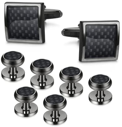 Morfetto 8pcs Mens Carbon Fiber Cufflinks and Shirt Studs Set | Tuxedo Shirts Business Wedding Silver Tone