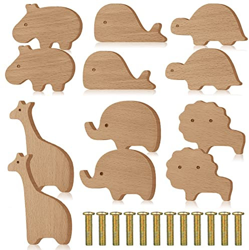 Qunclay Schrankknäufe aus Holz, dekorative Holzknöpfe mit Schrauben, Kommode, Ziehen, Holz, Marine, Wald, Tiere, Möbelknöpfe, Kinderzimmer, Schubladengriffe für Dekoration (Zoo, 12 Set)