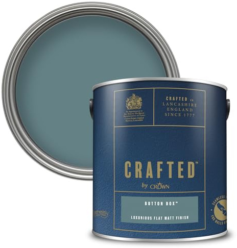 Crown CRAFTED Button Box Matt Emulsion Blue Green Paint 2.5L | Muted Blue Green velvety flat matt finish for interior walls, ceilings & wood. Soft to touch, hides imperfections, low VOC