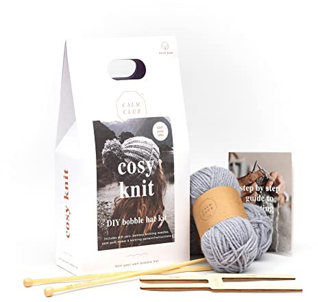 Calm Club - Knitting Kit | Winter Hat Crochet Kit | Beginners Knitting Set | Includes Knit Needles | Chunky Wool & Guide | Bobble Hat Crochet Kits for Beginners Accessories Gifts