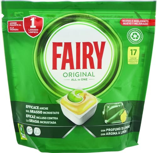 Fairy Spülmaschinentabs, Klarspüler, 17 Spülmaschinenkapseln, Original Zitrone, Reinigungswirkung bei der ersten Wäsche, effektiv auf verkrustetem Fett mit Glanzwirkung