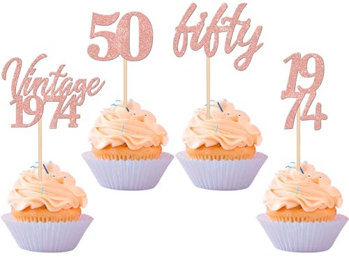 24 Stück Vintage 1974 Cupcake Toppers Glitter 50 Geburtstag Tortendeko Fünfzig Prost auf 50 fabelhafte Zahl 1974 Kuchendekoration für 50. Geburtstag Party Kuchen Dekorationen Rosegold