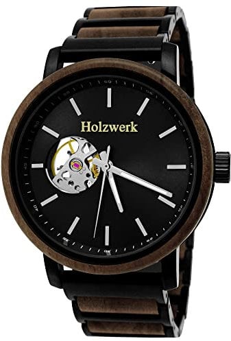 Holzwerk Germany Handgefertigte Designer Herren-Uhr Öko Natur Holz-Uhr Automatik Armband-Uhr Analog Quarz-Uhr Braun Schwarz (HK.Schwarz.Braun)