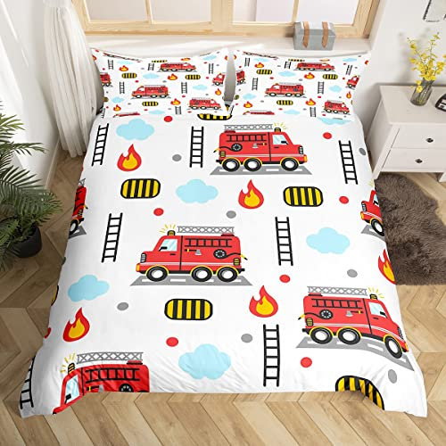 Manfei Cartoon Feuerwehrmaschinen Kinder Bettbezug Set S Größe,Feuerwehrwerkzeuge Kleinkind Bettwäsche Set,Mädchen Erwachsene,städtische Rettungsfahrzeuge Nette Tröster Abdeckung,Bunte Quilt Cover