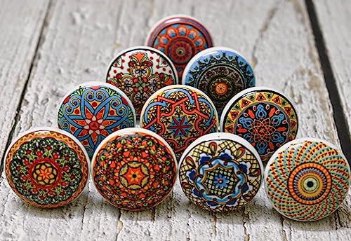 ARTISNO Ceramic Knobs for Cabinets - Set of 10 Multicolor Mandala Design Round Ceramic Knobs Hand Painted Boho Kitchen Cabinet Drawer Knobs | Glossy Wardrobe and Dresser Pulls (1.5-Inch Diameter)