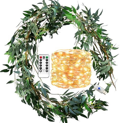 FiveSeasonStuff 2 Mix Rustic Willow Garlands, Bendable Artificial Greenery Vine Leaves for Wedding Home Decoration with 10 Metres String Lights