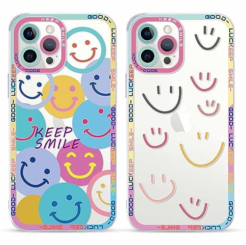 Yoedge 2 Stück Happy Smiley Face HandyHülle für iPhone 12 Pro Max Hülle 6,7, Transparent Smile Gesicht Niedliches Muster Design Aesthetic Case Schutzhülle für iPhone 12 Pro Max Mädchen Frauen Cover