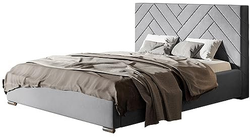 AlpiMeble Polsterbett Sevilla mit Kopfteil, 140x200 cm, Doppelbett mit Bettkasten und Lattenrost aus Holz, Velourstoff Türkis