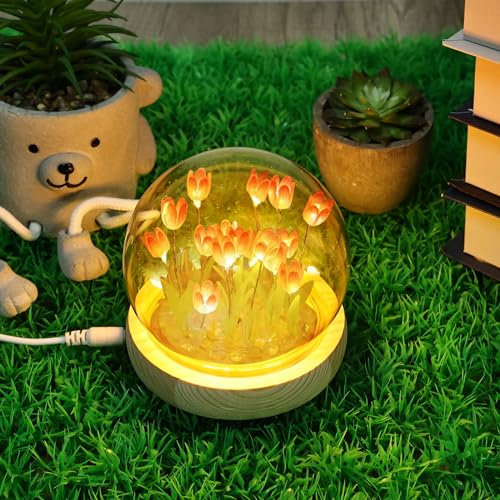 Nizirioo Tulpe Nachtlicht USB Elektrisch: DIY Tulpe Nachtlicht, Tulip Lamp mit Glasabdeckung, Atmosphäre Licht Schlafzimmer Schlafen Tischlampe, Tulpe Blume Lampe für Kinder Mädchen Paar