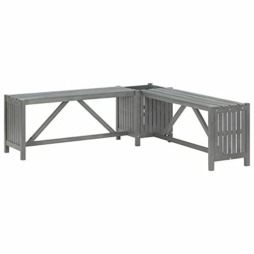 Homgoday Panca angolare da giardino con fioriera, 117 cm, in legno di acacia massiccio, colore grigio, panca da patio, panca da giardino per esterni, soggiorno