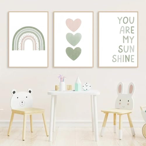 Herfair Poster Kinderzimmer Deko 3er Set Liebe Regenbogen Wandbilder Kinder Bilder Leinwand Ohne Rahmen Babyzimmer Kinderposter (30 x 40 cm)