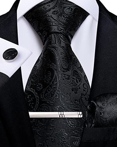 DiBanGu Schwarzer Paisley Krawatte für Herren formellen Seiden-krawatte und Einstecktuch Manschettenknöpfe Hochzeit Party Krawattenklammer Set