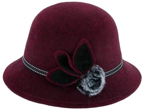 Damenhut, elegant, breite Krempe, hält warm, einfarbig, Winter, Herbst, Damenhut mit Blume für den täglichen Gebrauch, weinrot, Einheitsgröße