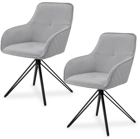 Juskys Drehstuhl Clyde mit Armlehne 2er Set - Esszimmerstuhl modern mit Stoff Bezug - Polsterstuhl Esszimmer - 120 kg belastbar - Stuhl Samt Hellgrau