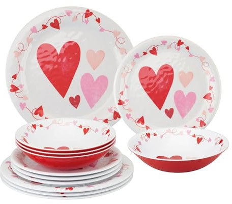 UPware 12 Piece Love Hearts Melamine Dinnerware Sets, Outdoor Dishes Set, Plates and Bowls Sets, Valentine's Day Decorations, Service for 4, Red