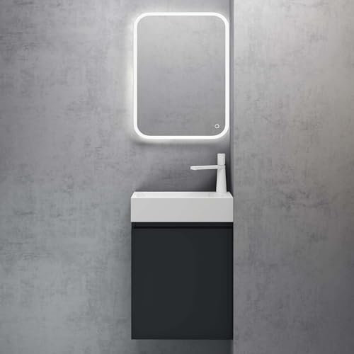 doporro Set Mobile Bagno con Lavabo e Specchio LED Mobiletto Bagno Sospeso per WC Ospiti 46x26x63cm Antracite opaco, Lavabo da Parete Bianco, Seria Pisa02