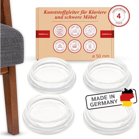 K.D.J. Brand Möbeluntersetzer, Klavieruntersetzer rund transparent 4 Stück, 60 mm Innendurchmesser, Klavier Bodenschoner, Klavieruntersetzer Glas transparent – Made in Germany