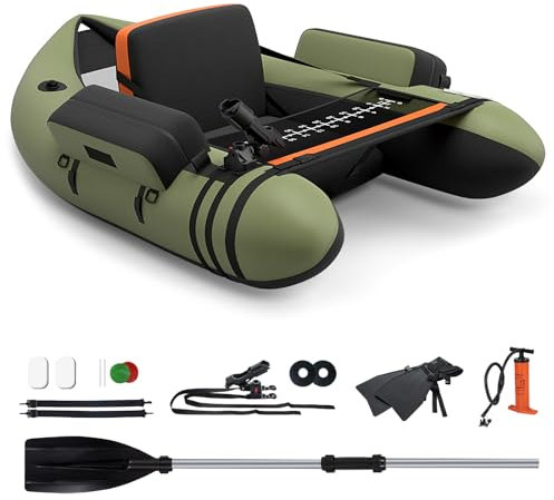 GYMAX Aufblasbares Angelboot, tragbares Belly Boat inkl. Pumpe, Paddel & verstellbaren Schultergurten, Fischerboot mit Fischlineal, Schlauchboot bis 150 kg belastbar (Grün)