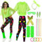 Ulikey 80er 90er Jahre Outfit Damen, Kostüm 80er Jahre Damen Bunte Leggings, Aerobic Outfit 80er Damen, 90er Neon Party Outfit Damen Zubehör Set mit Gläser, Halskette (Grün Schwarz, L)