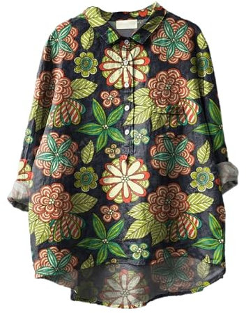 Jagdbekleidung Damen Bluse Leinen-T-Shirt für Damen mit Blumendruck, lockere Passform, T-Shirt-Oberteile, Reverskragen, Knopfblusen, Lange Ärmel, lässige Oberteile Rotes Hemd Damen (Green, M)