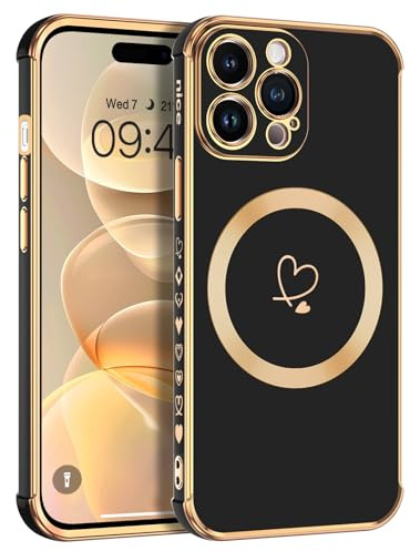 Telaso Magnetische Hülle für iPhone 14 Pro, Handyhülle für iPhone 14 Pro Niedliches Herz Muster [ Kompatibel mit MagSafe ] Weiche Plattierung Abdeckung für Frauen, Schutz der Kamera, Schwarz