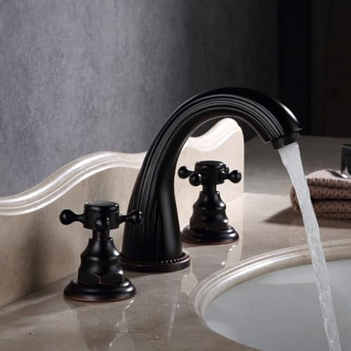 ZYCDP Robinet de Lavabo 3 Trous Mitigeur Lavabo Vintage, Robinet Lavabo Laiton 2 Poignée Croisée Mitigeur Salle de Bain Chaud Froid Noir Antique
