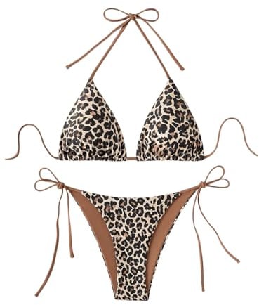 GORGLITTER Bikini Damen Set Sexy Tanga Triangel Bikini Leo Bikini Set Neckholder Bikini Sommer Strand Bikini Zweiteiliger Badeanzug Bademode Swimsuit