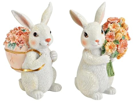 Deko-Figuren Hasen-Paar mit Blumen Hasen-Junge & Hasen-Mädchen mit Korb in creme weiß apricot & rosa Oster-Fest nostalgische Oster-Dekoration traditionelle Oster-Hasen Frühling & Ostern 2 Stk
