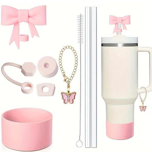 Accessoires de tasse pour Stanley – Lot de 9 brosses de paille étanches avec bouchon de paille à nœud, chaîne papillon, bouchons anti-fuites carrés et ronds, 2 pailles, 1 brosse à paille et housse de