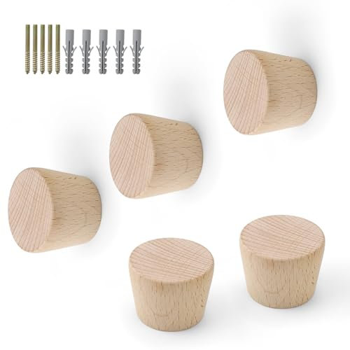 HSUYUN Perchas Pared, 5 Piezas Colgador Pared Madera, Cónico Perchero Pared Madera, con Tornillos y Tubos de Expansión, Percheros Pared Individuales para Colgar Ropa, Sombreros, Bolsos