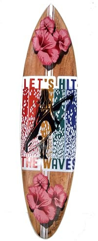 Lets hit the Wave Deko Surfboard 100cm aus Holz zum Aufhängen mit Surfer Girl