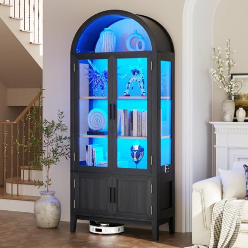 BROTTAR Gewölbte Vitrine mit LED Beleuchtung, Glasvitrine mit Intelligente Sensorik, Sideboard, Küchenschrank, Vitrinenschrank für Wohnzimmer Schlafzimmer Büro Sammlervitrine, Schwarz