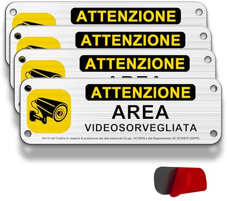 FloraVigo Cartello Videosorvegliata Alluminio Spazzolato 15x5cm, Adesivo Area Videosorvegliata Metallo di Piccole Dimensioni, piastra di allarme con adesivi (02-AAV (15x5cm) x 4)