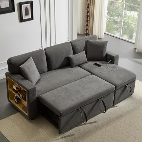 Zubaliya Canapé d'angle Convertible Gris avec USB,canapé lit en L Extensible,canapé 3 Places Gris Convertible avec de Rangement et étagère intégrée