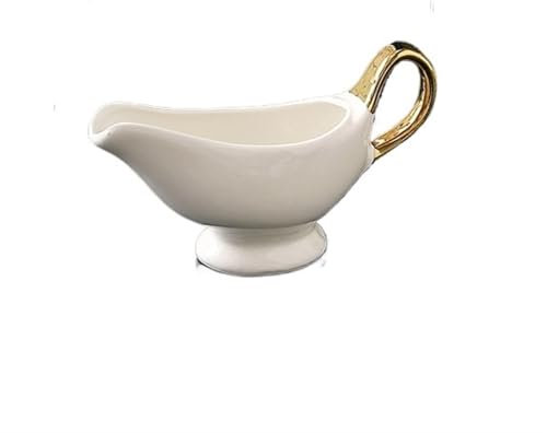 LICONG-2020 Salsera 1 Paquete de Salsera de Porcelana de fácil vertido, Salsera Blanca con asa Dorada for aderezos for ensaladas, Leche y Caldo Salsera(Grande)