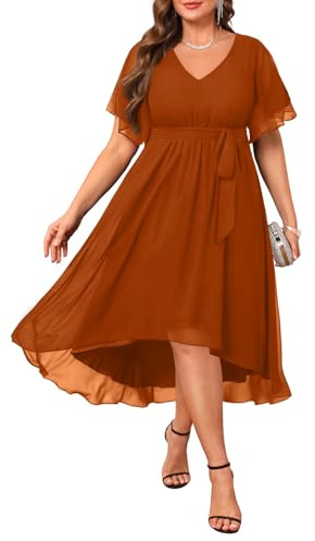 Talisea Kleid in Übergröße, für Hochzeitsgäste – formelles Cocktailkleid, Chiffon, V-Ausschnitt, Kurze Ärmel, hoch niedrig, kurvige Damenkleider, Burnt orange, 52 Mehr