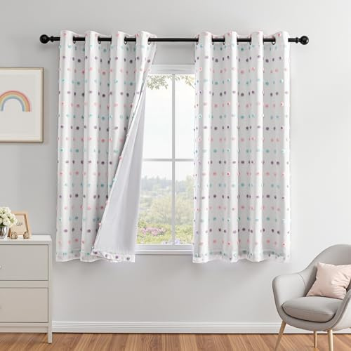 MEETSKY Kids Blackout Curtains for Girls Bedroom 63 Inches Nursery Curtains with Rainbow Pom Pom Sheer Room Darkening Window Drapes for Living Room Grommet Set of 2, 52 W x 63 L
